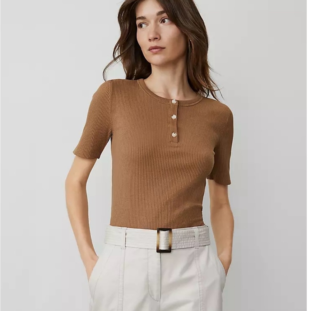 NWT! Ann Taylor Ribbed Brown Short Sleeve Henley Top.